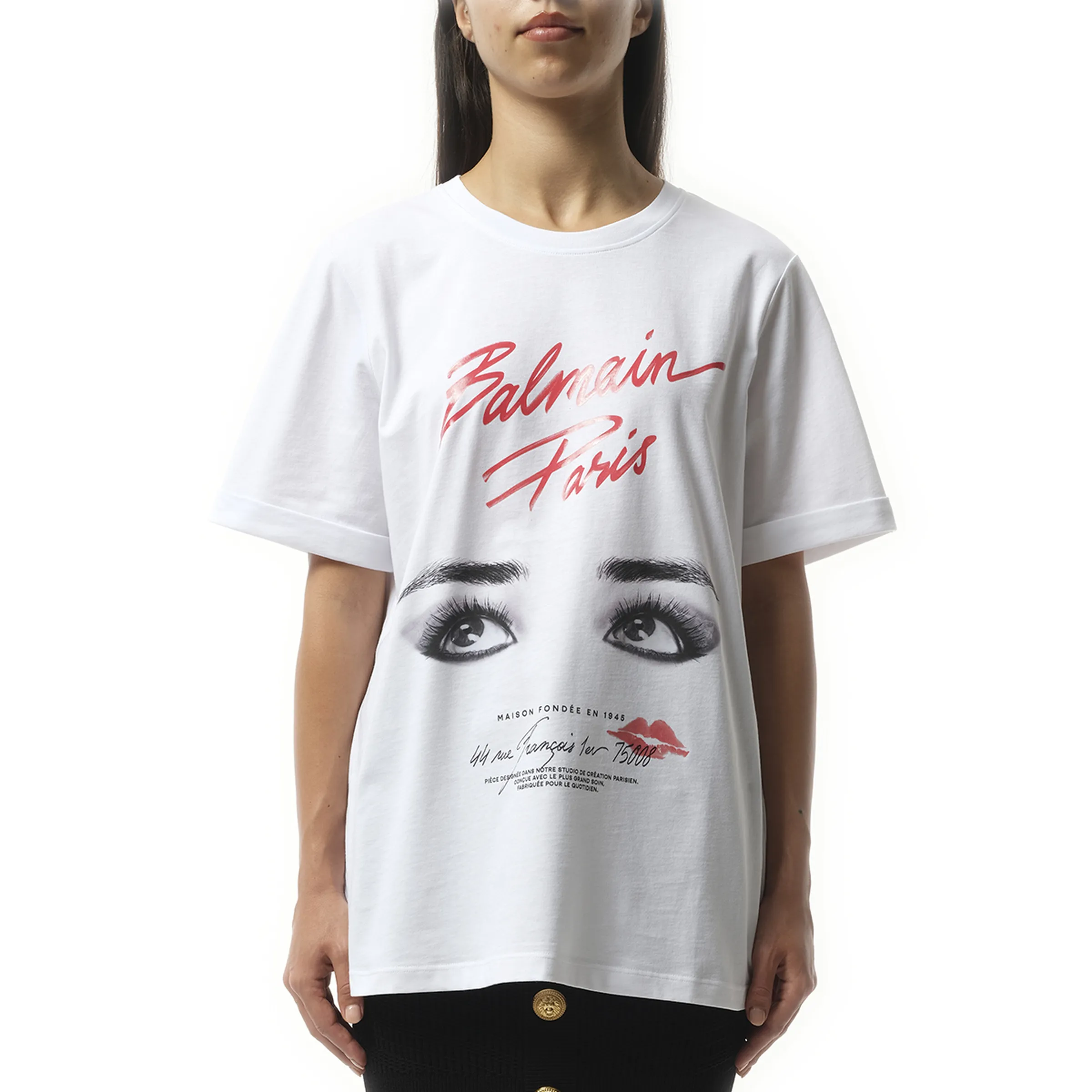 Balmain Paris Eyes Print T-Shirt in White sold by MARAIS
