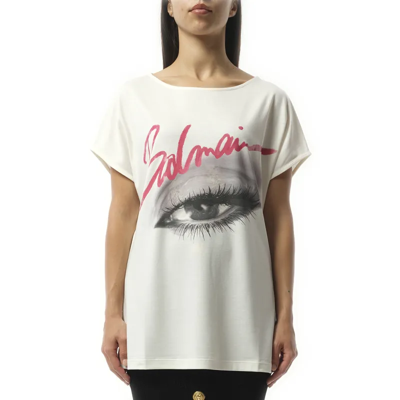 Boatneck Balmain Eye Print Top in White sold by MARAIS
