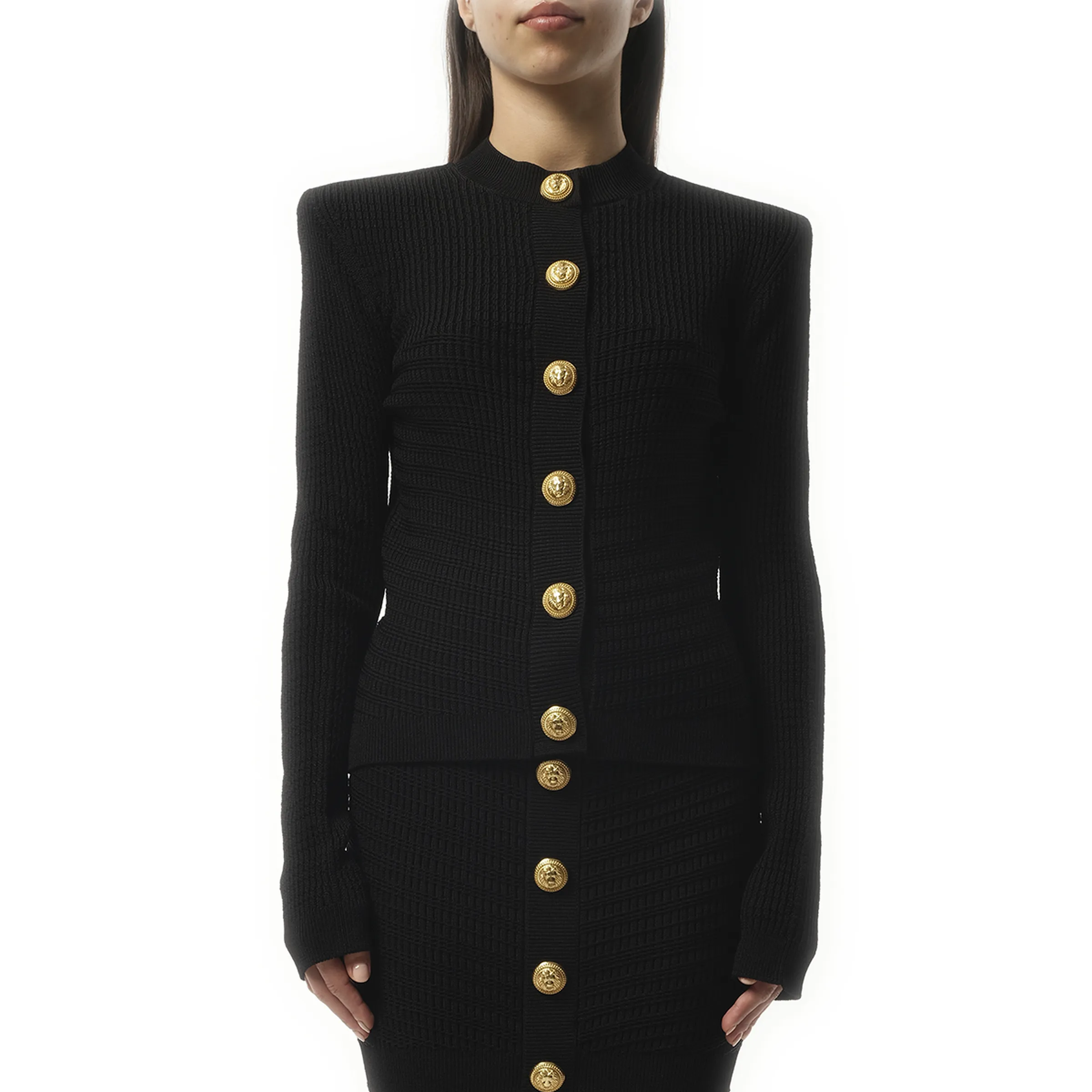 Long Sleeves Buttoned Knit Cardigan in Black sold by MARAIS