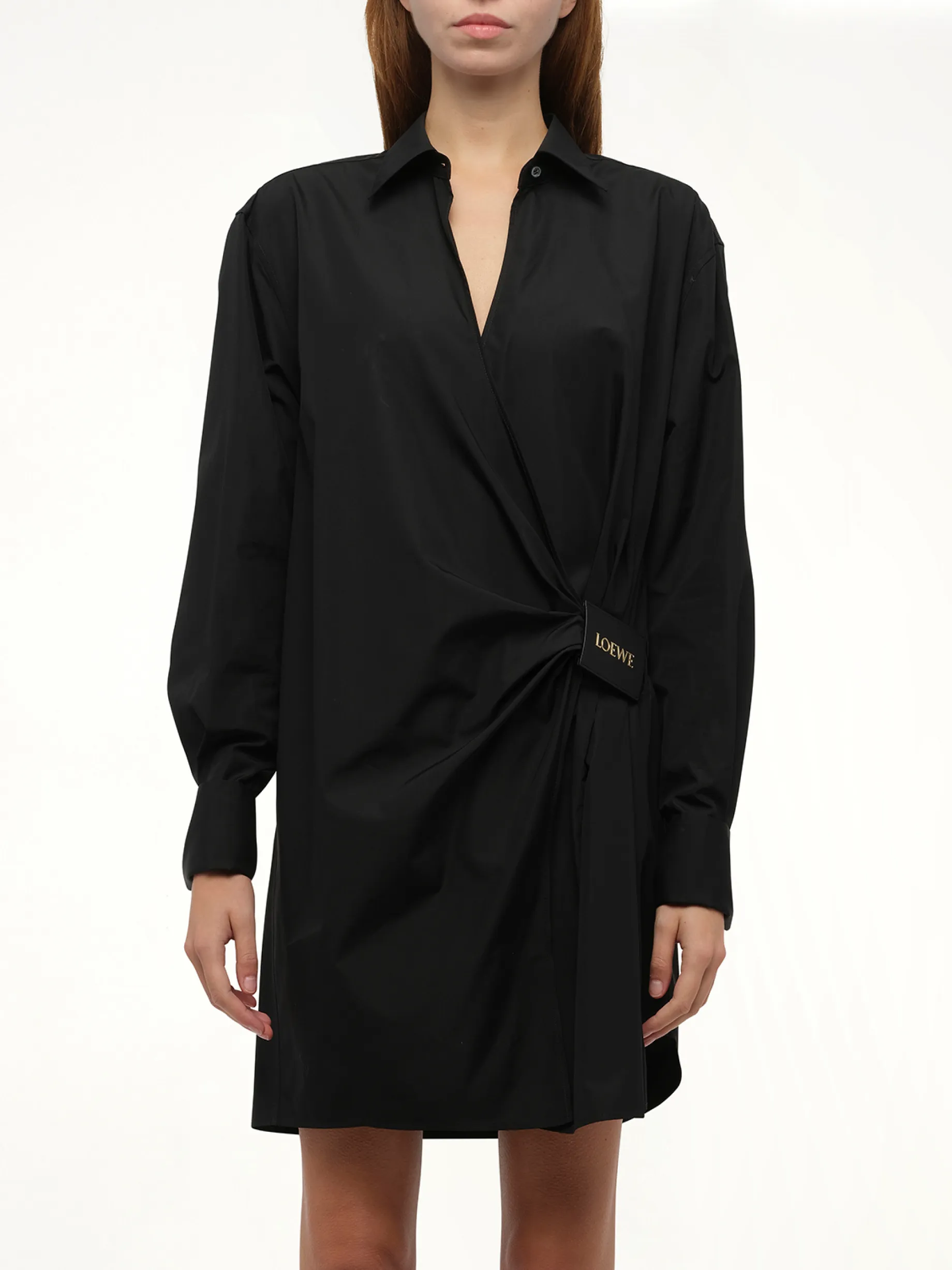 Draped Shirt Dress in Black sold by MARAIS