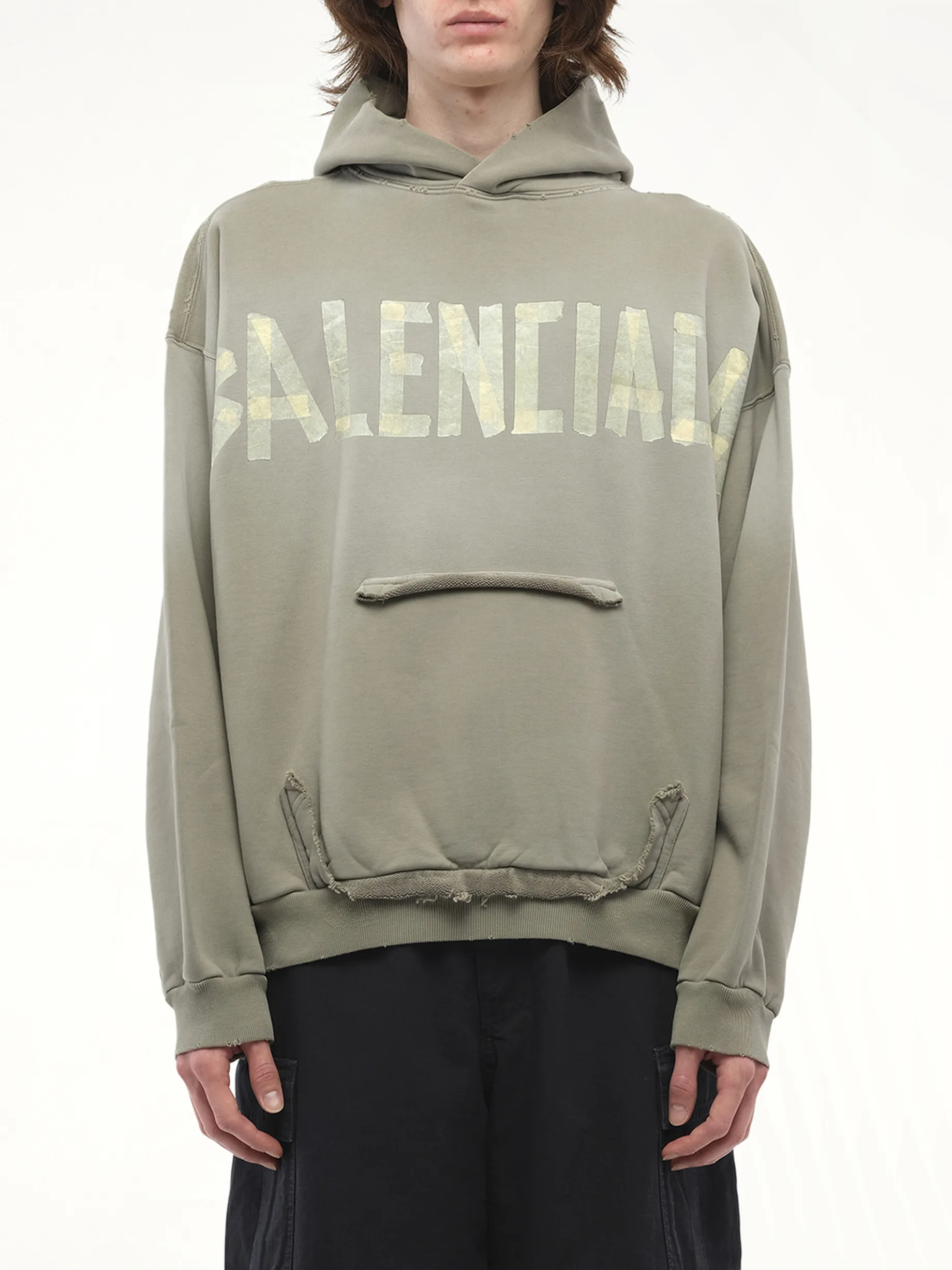 Tape Type Ripped Pocket Hoodie in Army Green sold by MARAIS