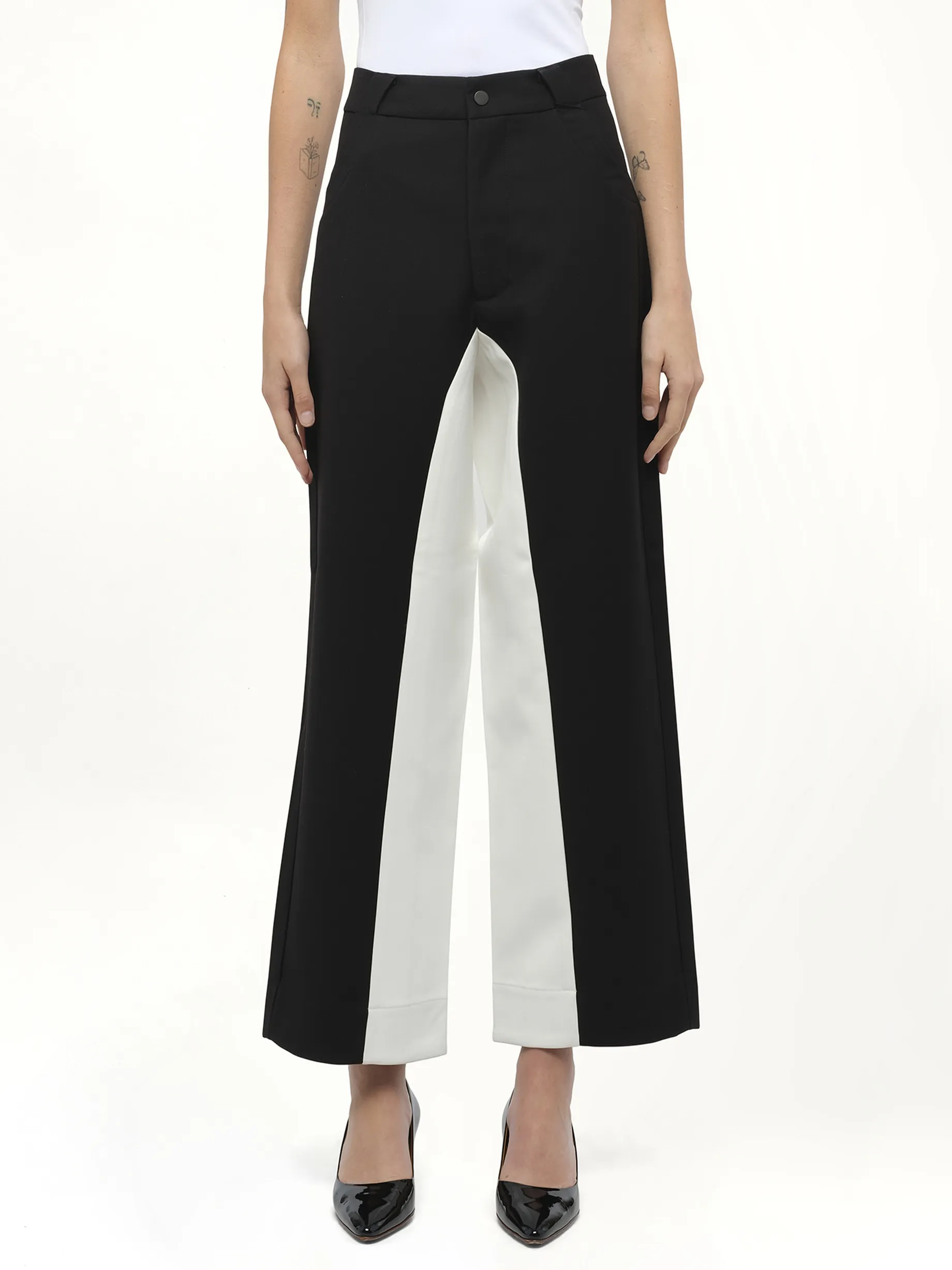 Black & White Stitched Suit Pants in Black sold by MARAIS