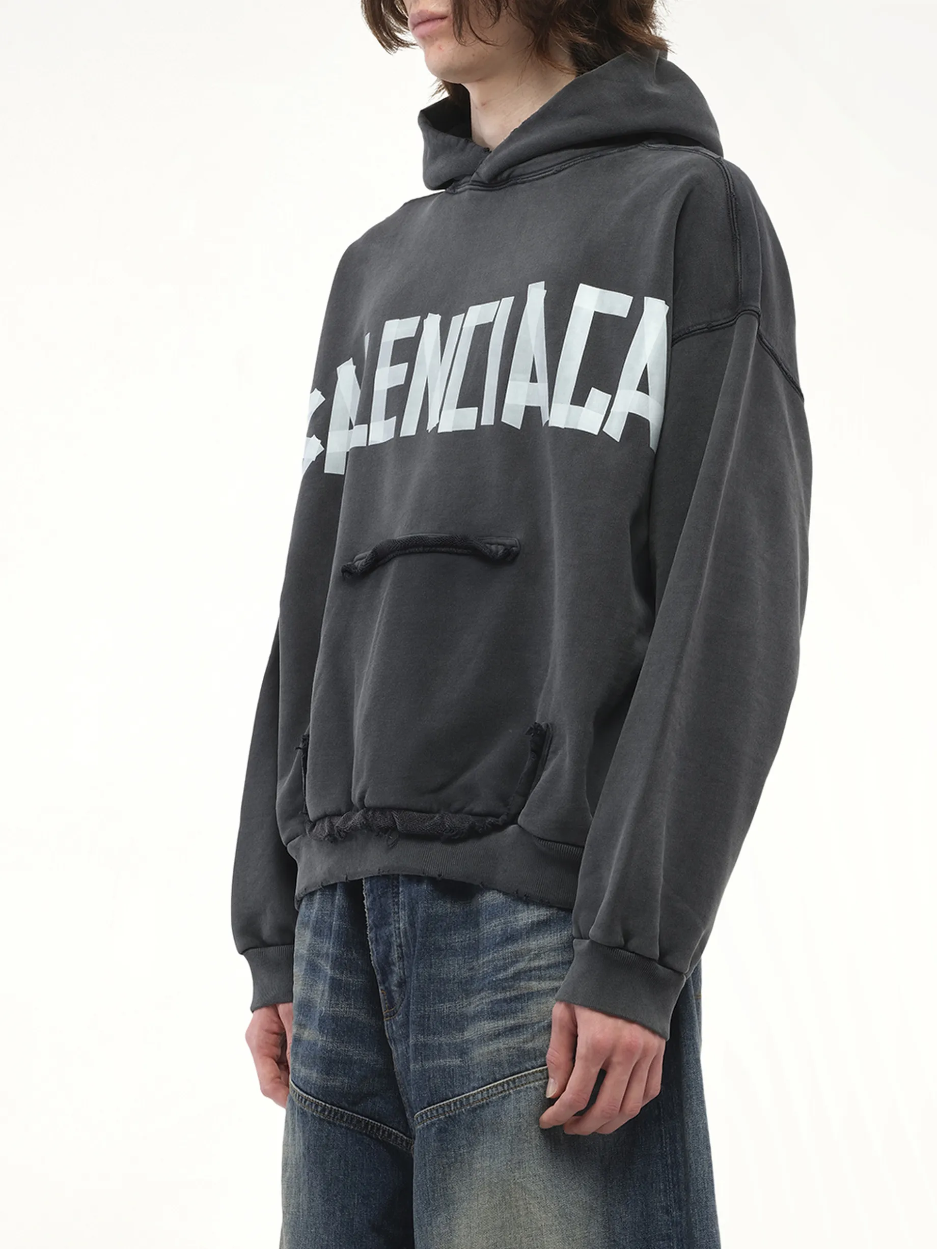 Tape Type Ripped Pocket Hoodie in Faded Washed Black sold by MARAIS product image thumbnail 5