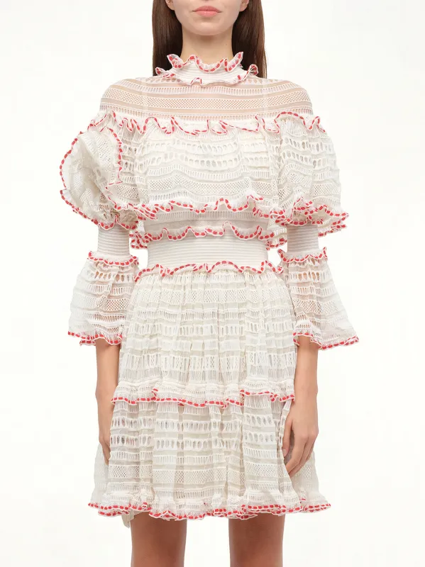 AMQ - Volume Lace Mini Dress in White/Pink sold by MARAIS