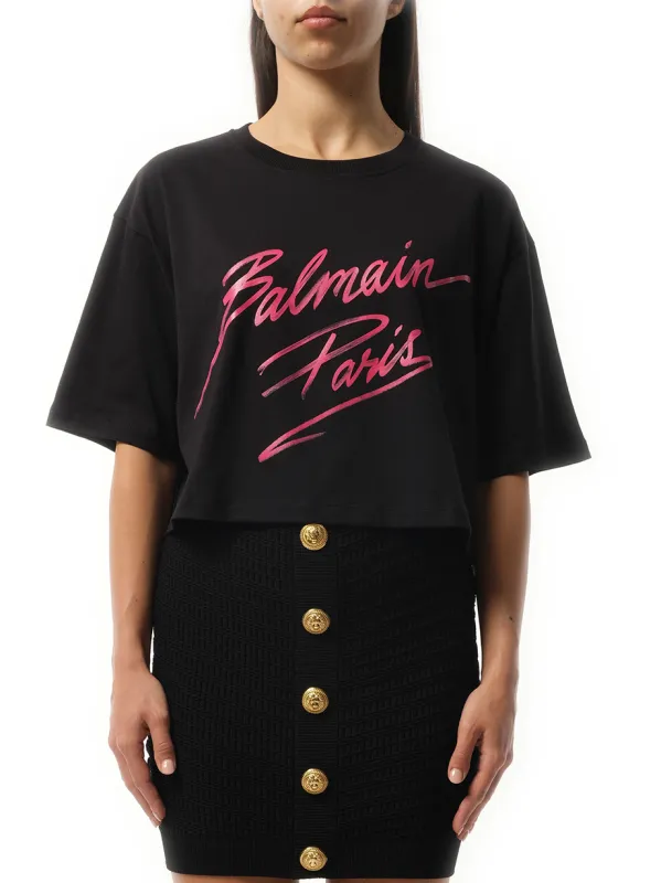Balmain Baseball Cropped T-Shirt in Pink sold by MARAIS