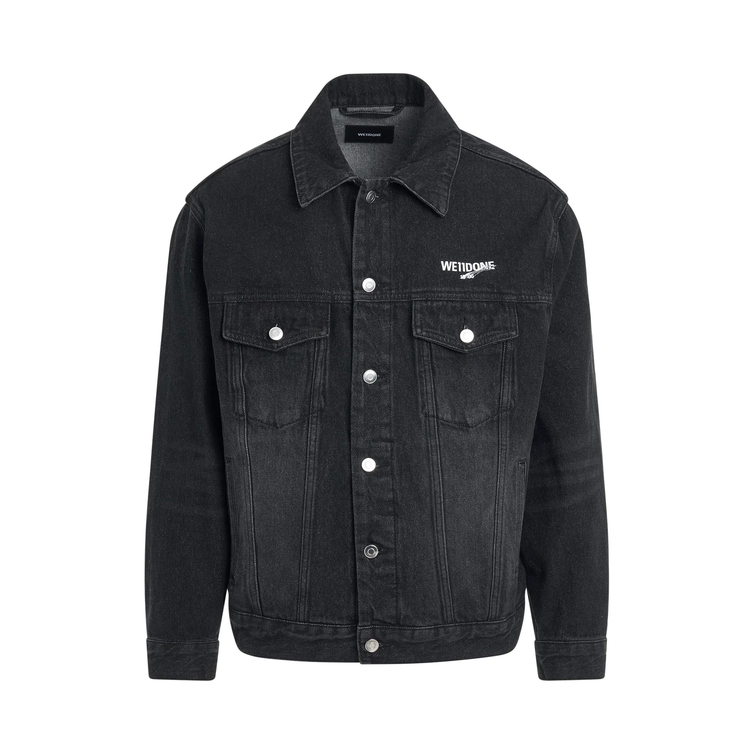 1506 Logo Loose-Fit Denim Trucker Jacket in Black sold by MARAIS