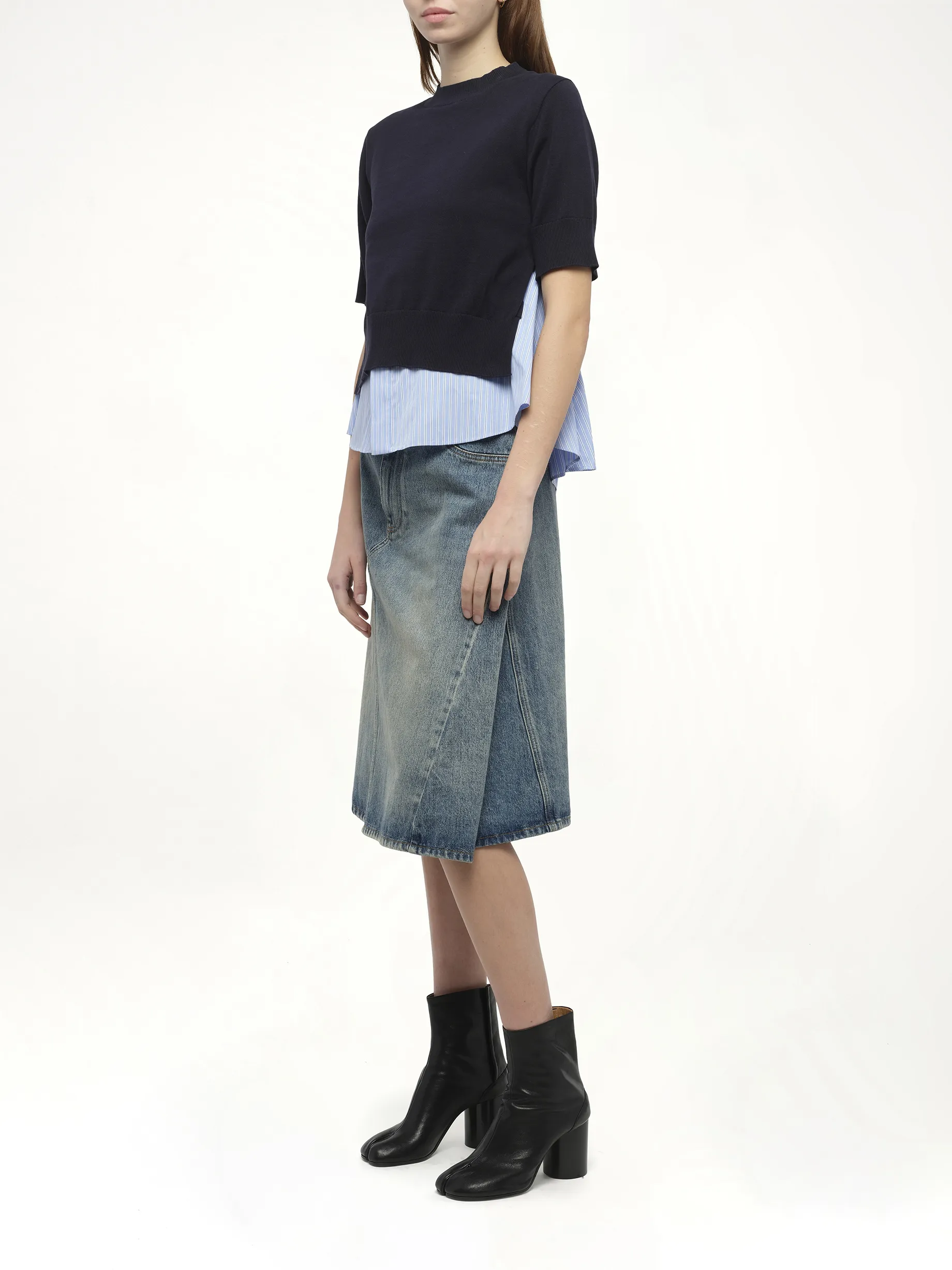 Poplin x Knit Pullover in Navy/Light Blue Stripe sold by MARAIS product image thumbnail 4