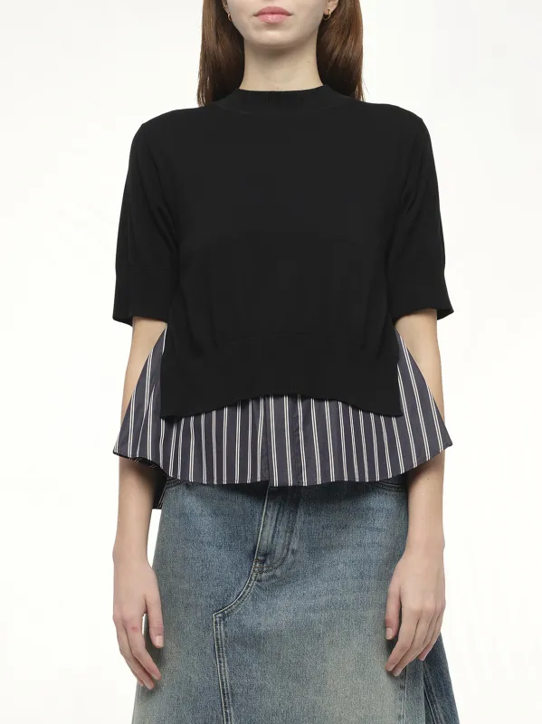 Poplin x Knit Pullover in Black/Dark Navy Stripe sold by MARAIS