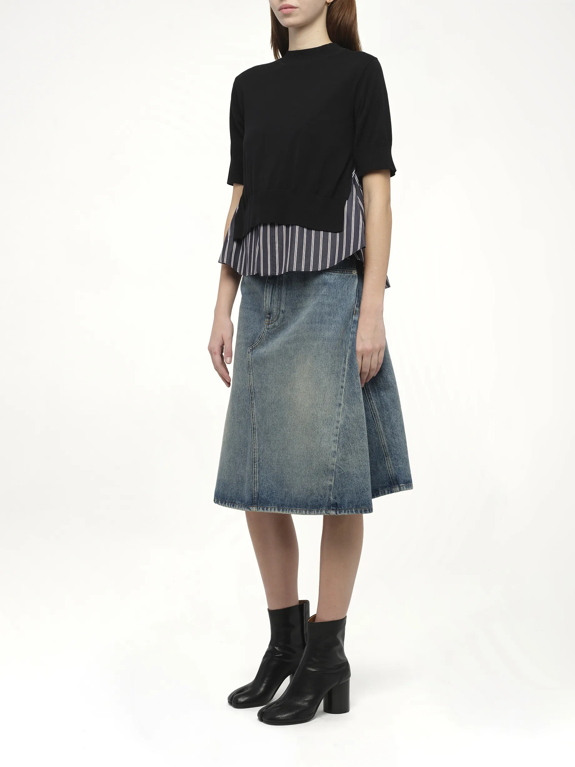 Poplin x Knit Pullover in Black/Dark Navy Stripe sold by MARAIS product image thumbnail 4