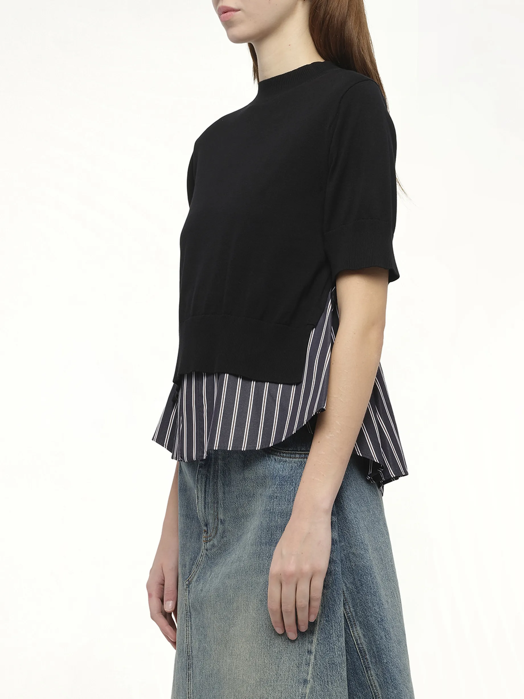 Poplin x Knit Pullover in Black/Dark Navy Stripe sold by MARAIS product image thumbnail 5