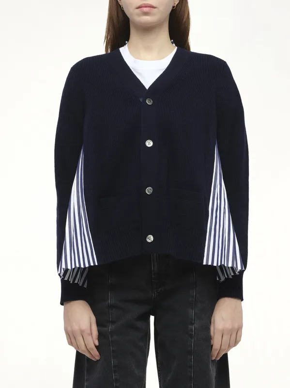 Wool Knit x Cotton Poplin Cardigan in Navy/NavyStripe sold by MARAIS