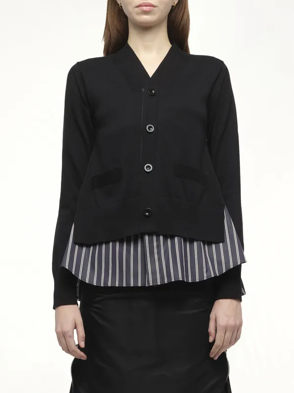 Poplin x Knit Cardigan in Black/Dark Navy Stripe sold by MARAIS