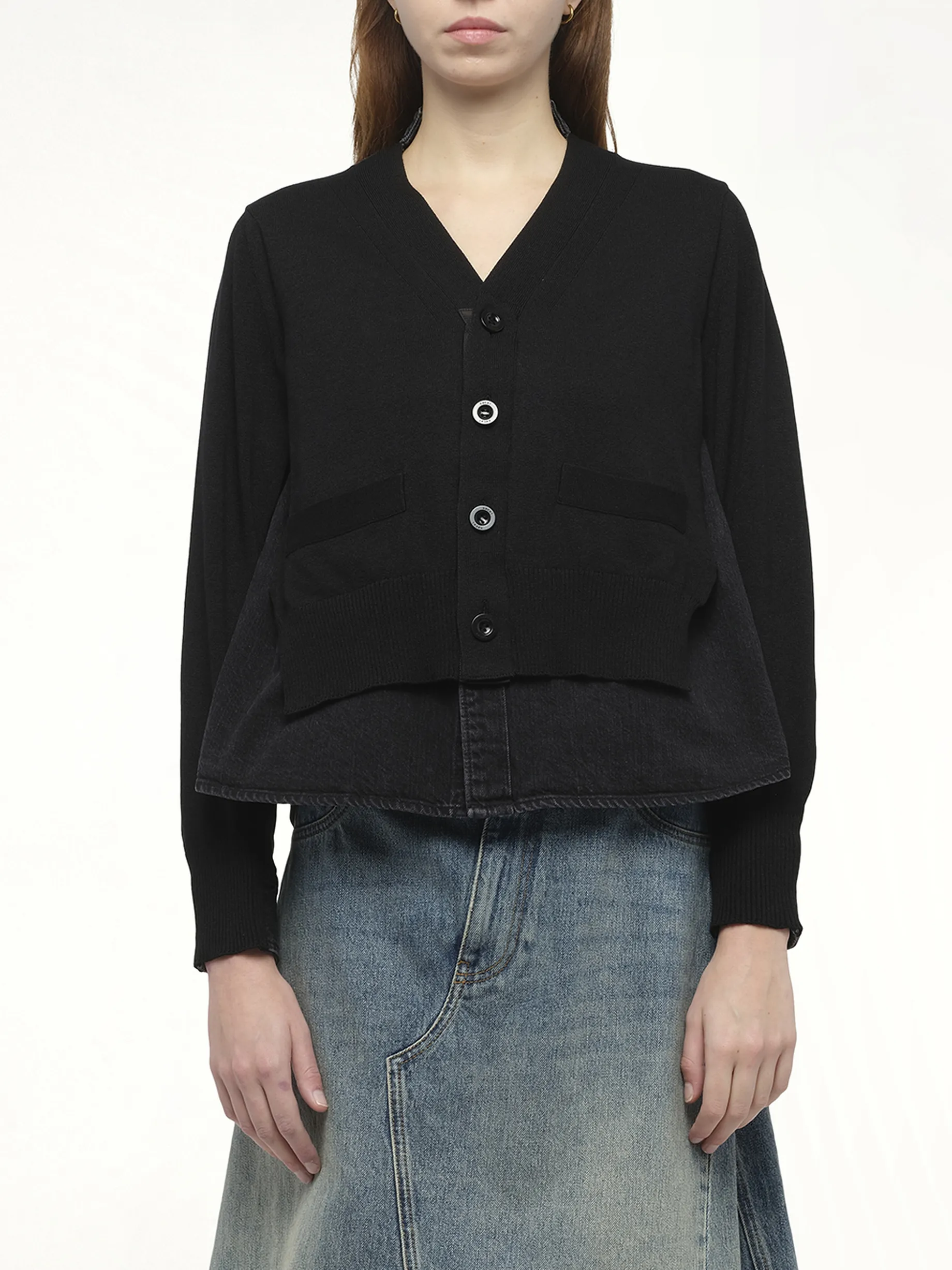 Denim x Knit Cardigan in Black sold by MARAIS