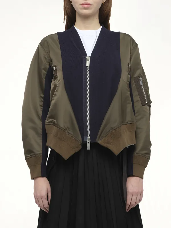 Nylon Twill x Knit Cardigan in Dark Khaki/Navy sold by MARAIS