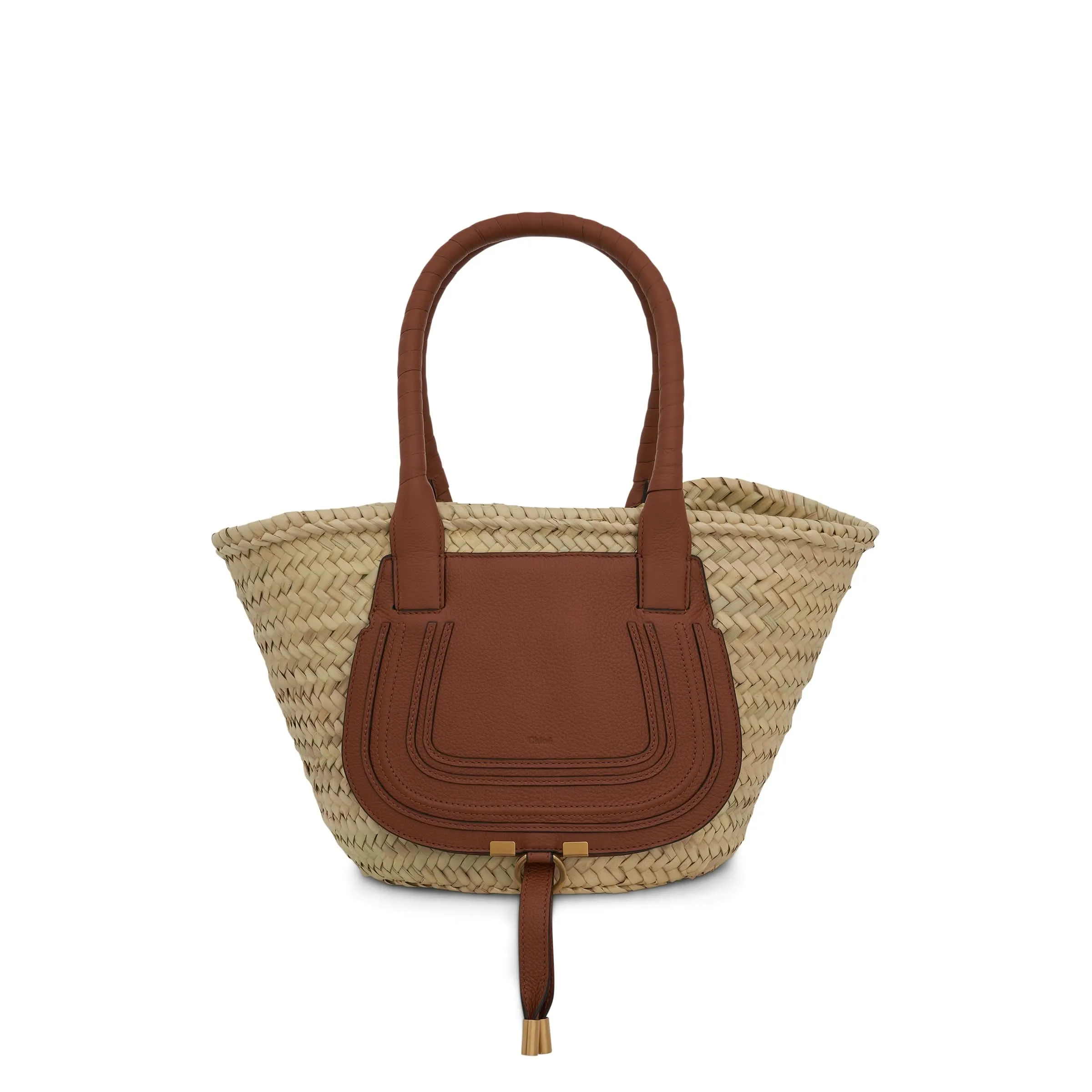 Medium Marcie Basket Bag in Raffia & Calfskin in Tan sold by MARAIS