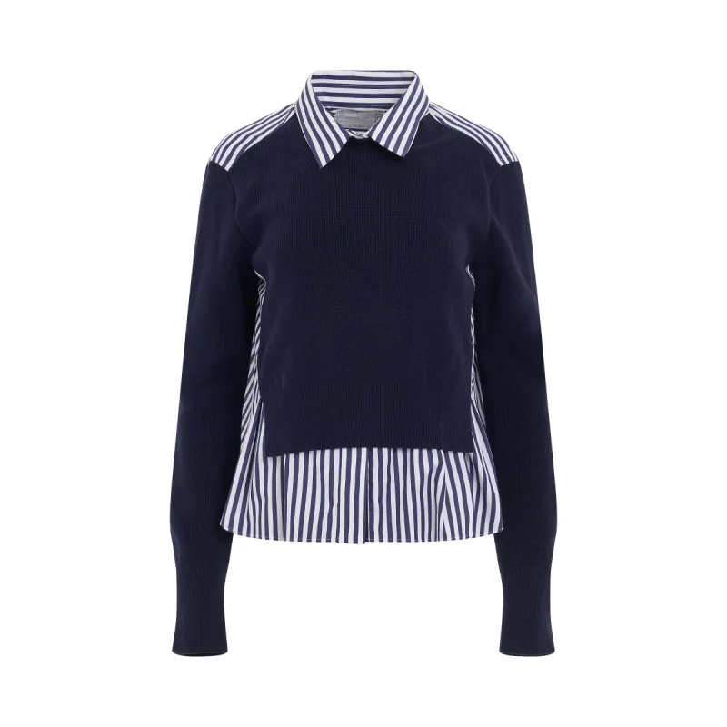 Cotton Poplin x Knit Pullover in Navy Stripe sold by MARAIS