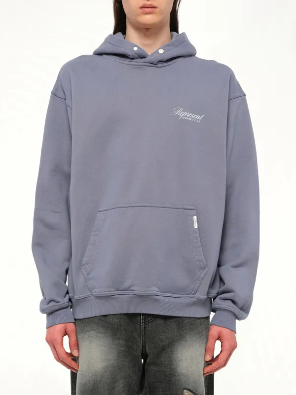Represent Owners Club Script Hoodie in Dusty Blue sold by MARAIS