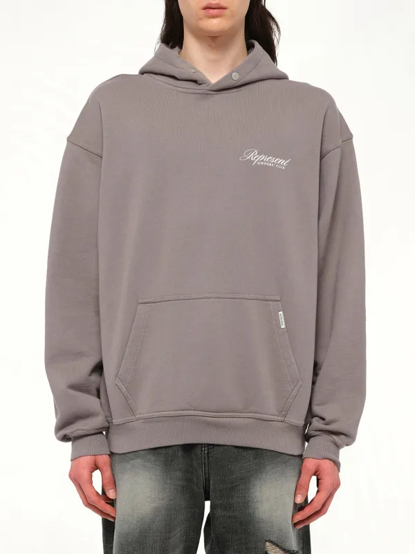 Represent Owners Club Script Hoodie in Slate sold by MARAIS