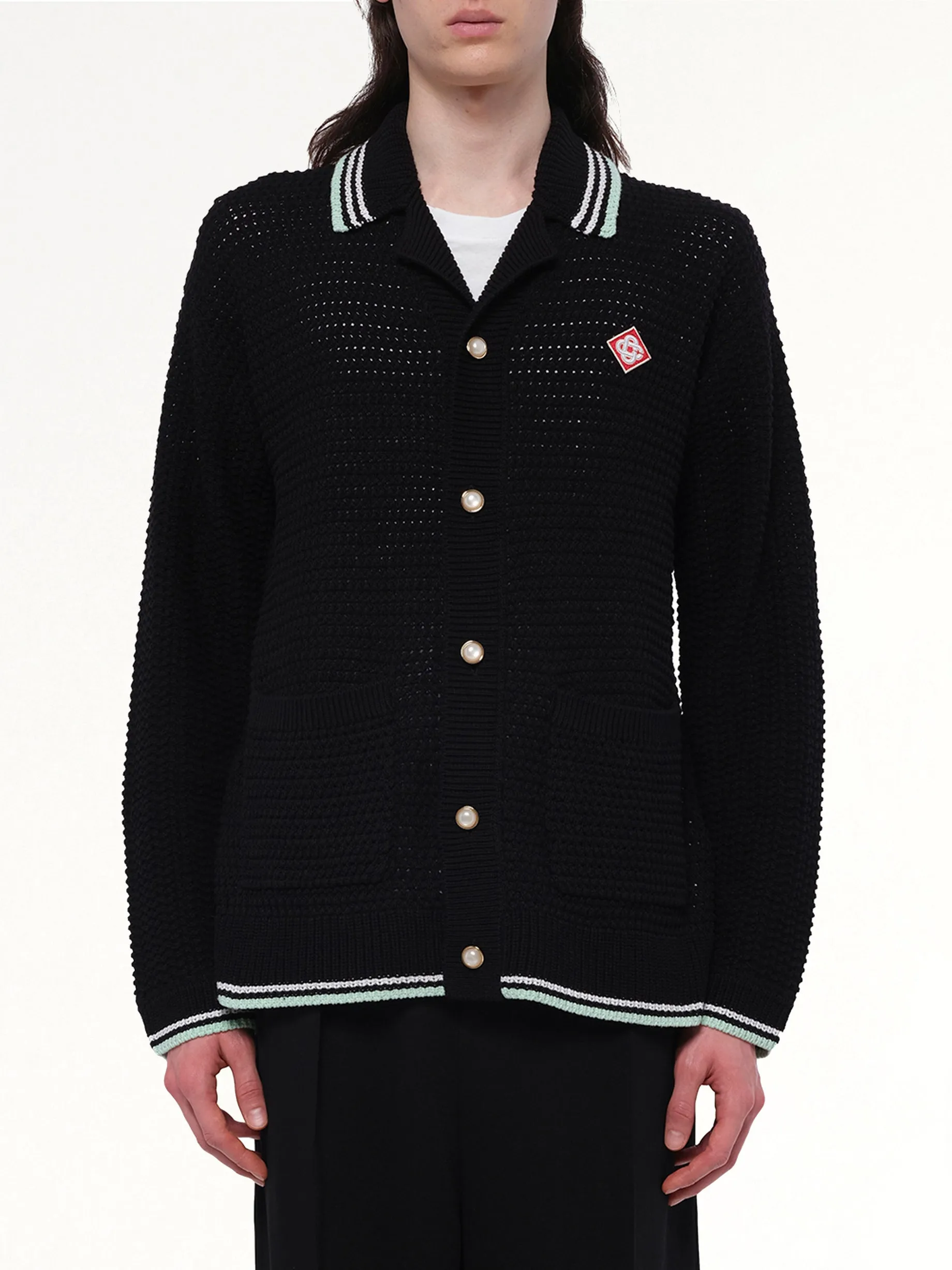 Embroidered Crochet Shirt in Black sold by MARAIS