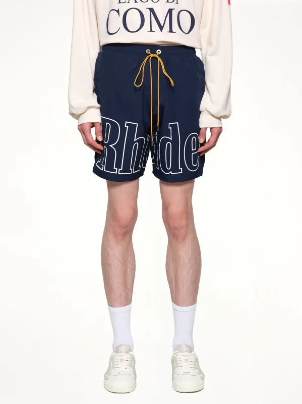 Rhude Logo Shorts in Navy sold by MARAIS