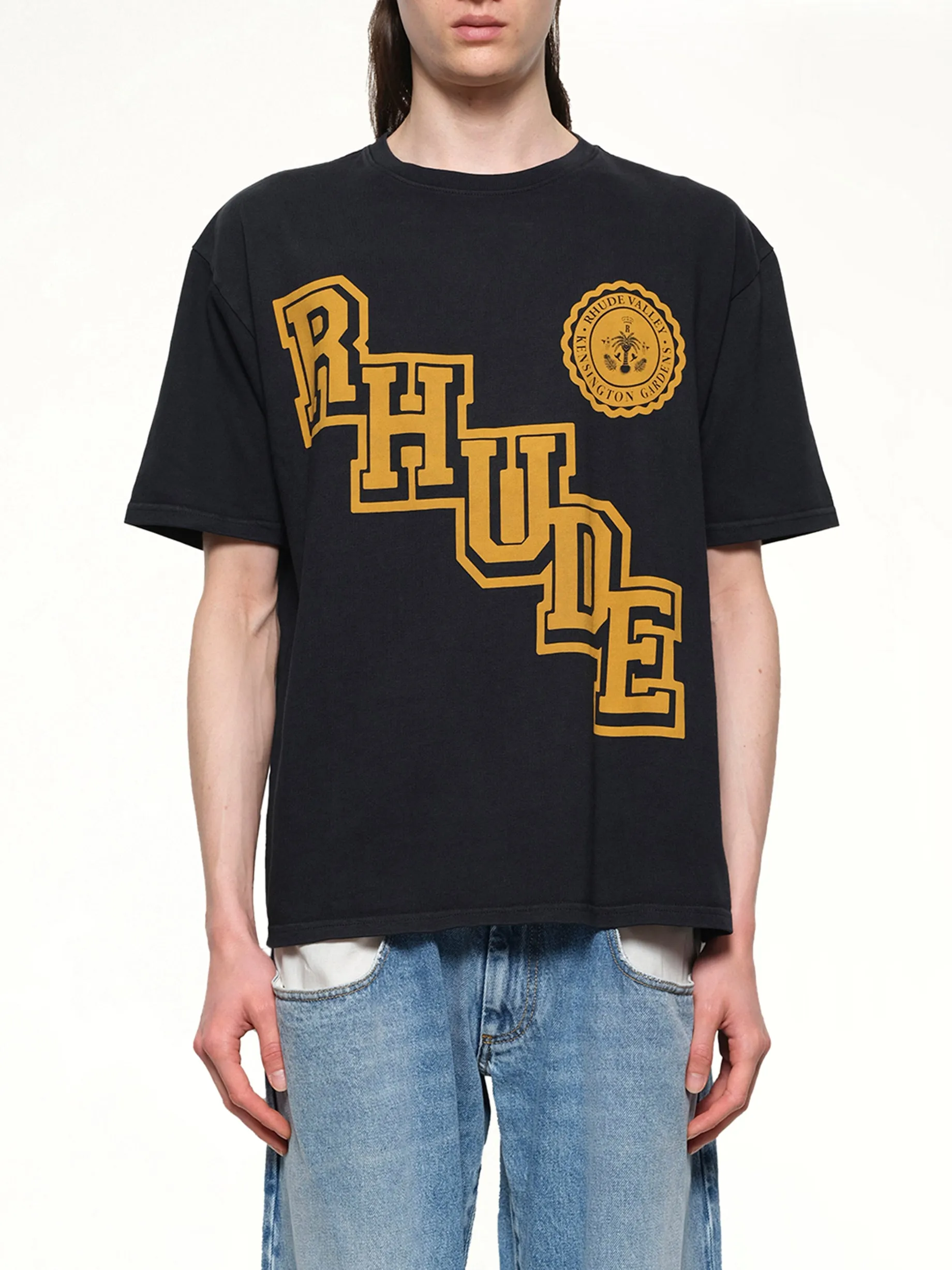 Rhude Collegiate Crest T-Shirt in Vintage Black sold by MARAIS