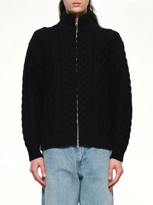 Cable Knit Zip Up in Black made by Vowels