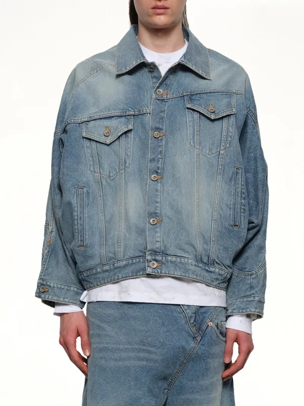 Distorted Cutting Denim Jacket in Indigo sold by MARAIS