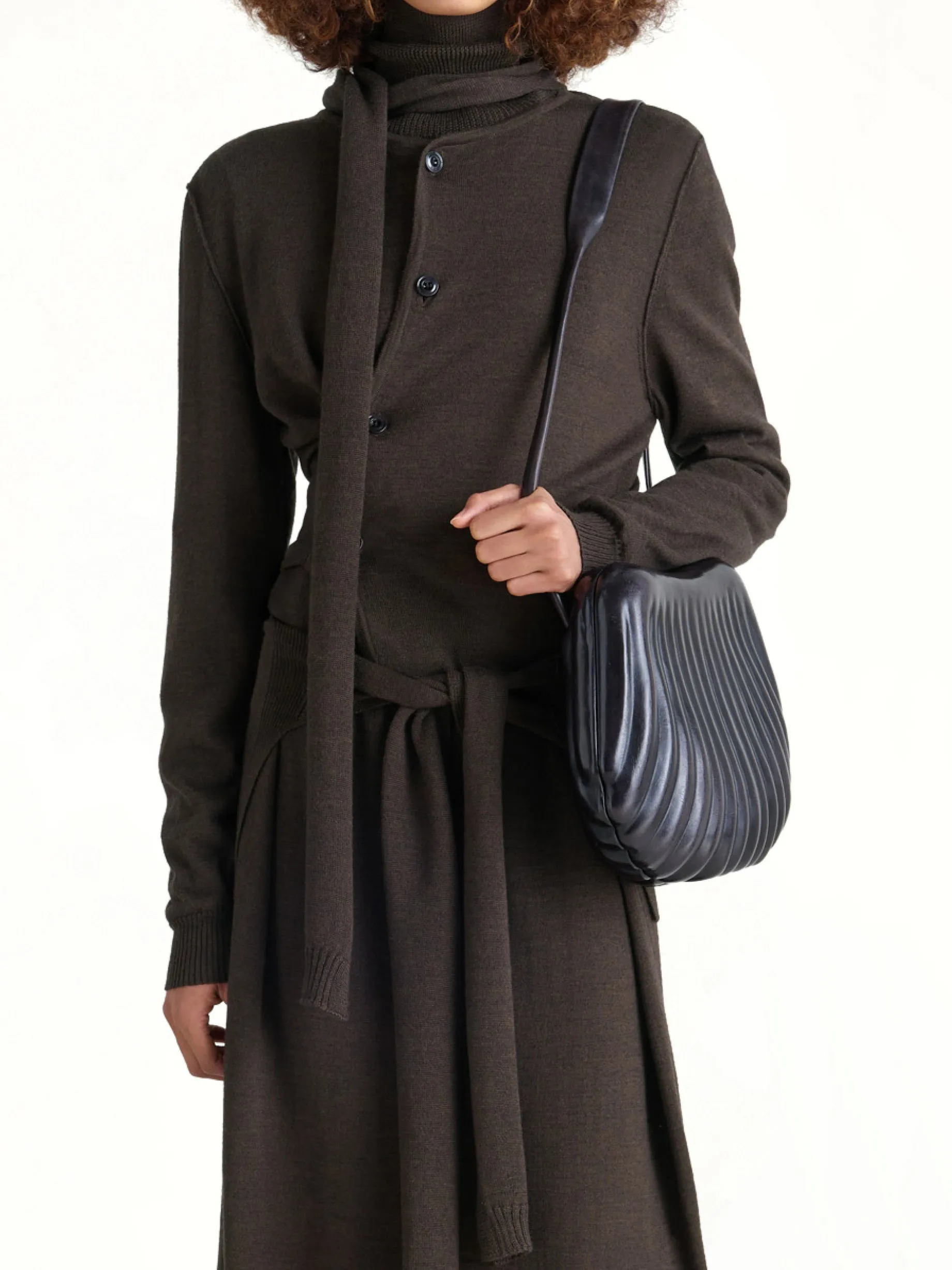 Twisted Cardigan With Scarf in Dark Cacao sold by MARAIS