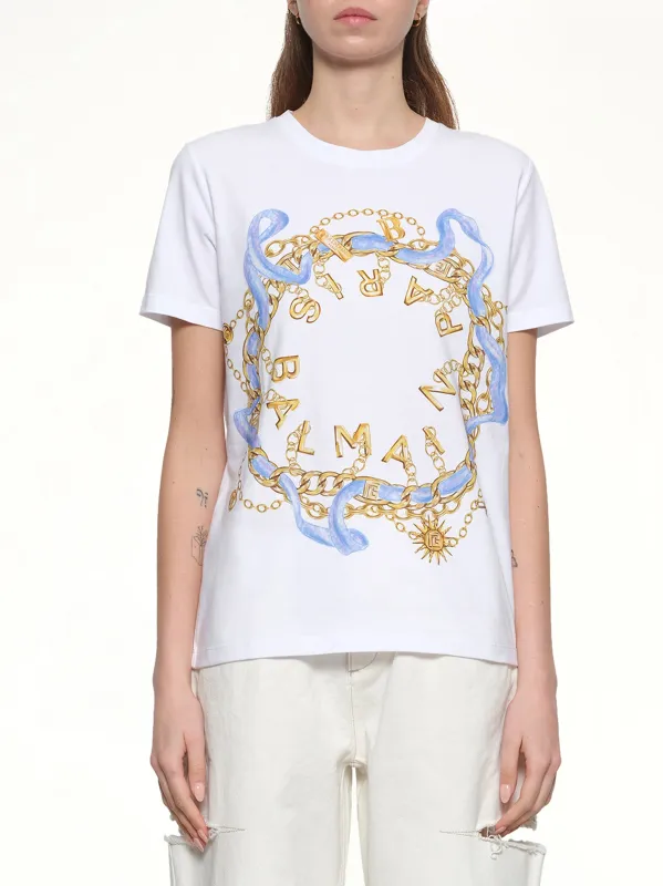 Balmain Paris Chain T-Shirt in White/Blue/Gold sold by MARAIS