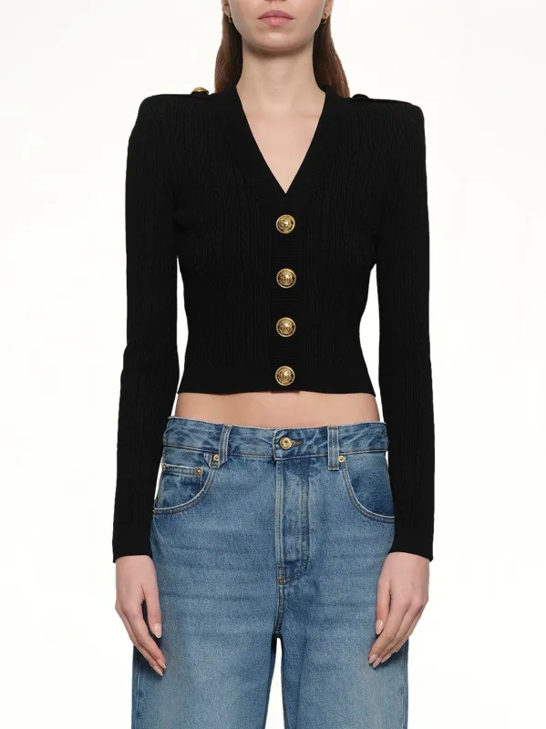 LS Buttoned V-Neck Torsade Knit Cardigan in Black sold by MARAIS