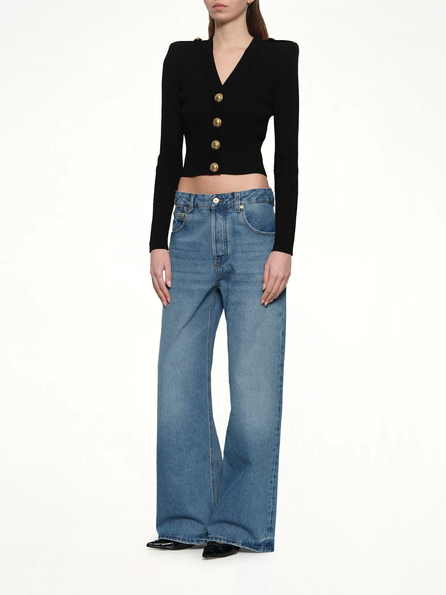 LS Buttoned V-Neck Torsade Knit Cardigan in Black sold by MARAIS product image thumbnail 4