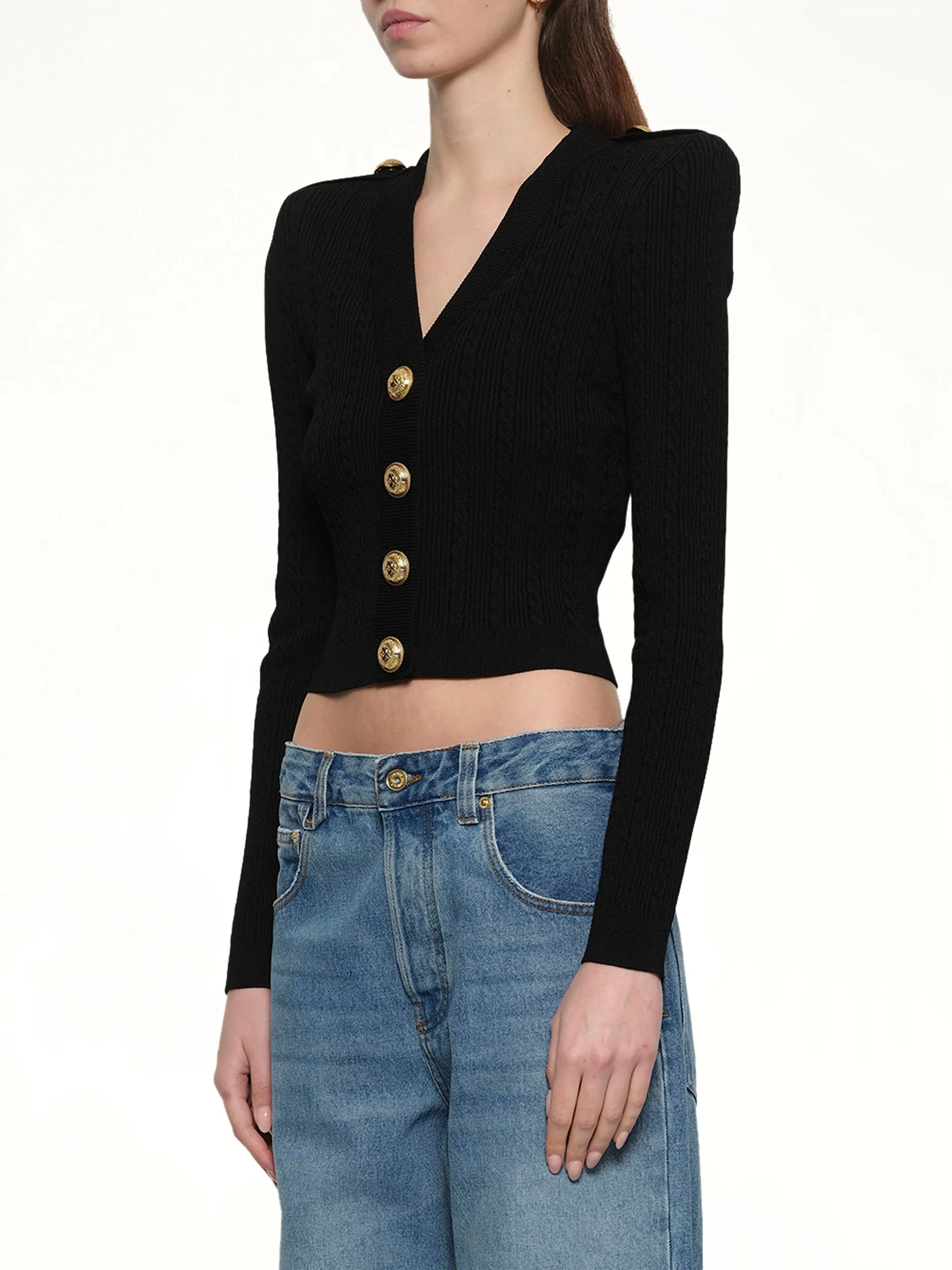 LS Buttoned V-Neck Torsade Knit Cardigan in Black sold by MARAIS product image thumbnail 3