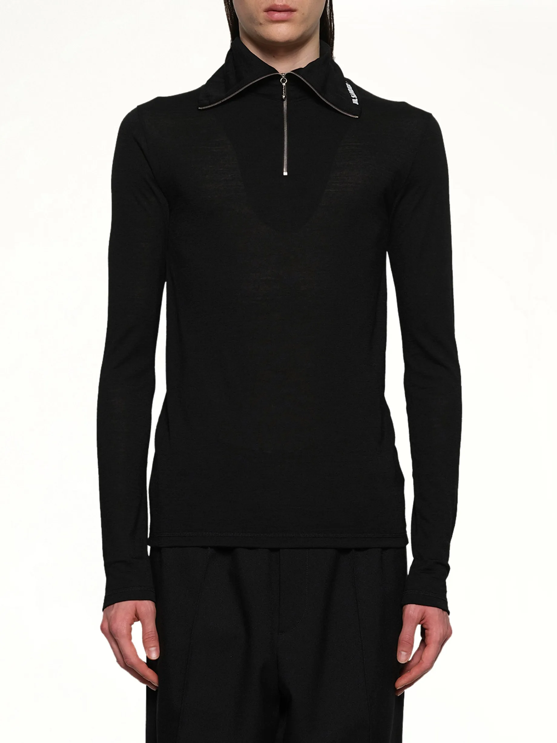 Zip Up High Neck Long Sleeve T-Shirt in Black sold by MARAIS