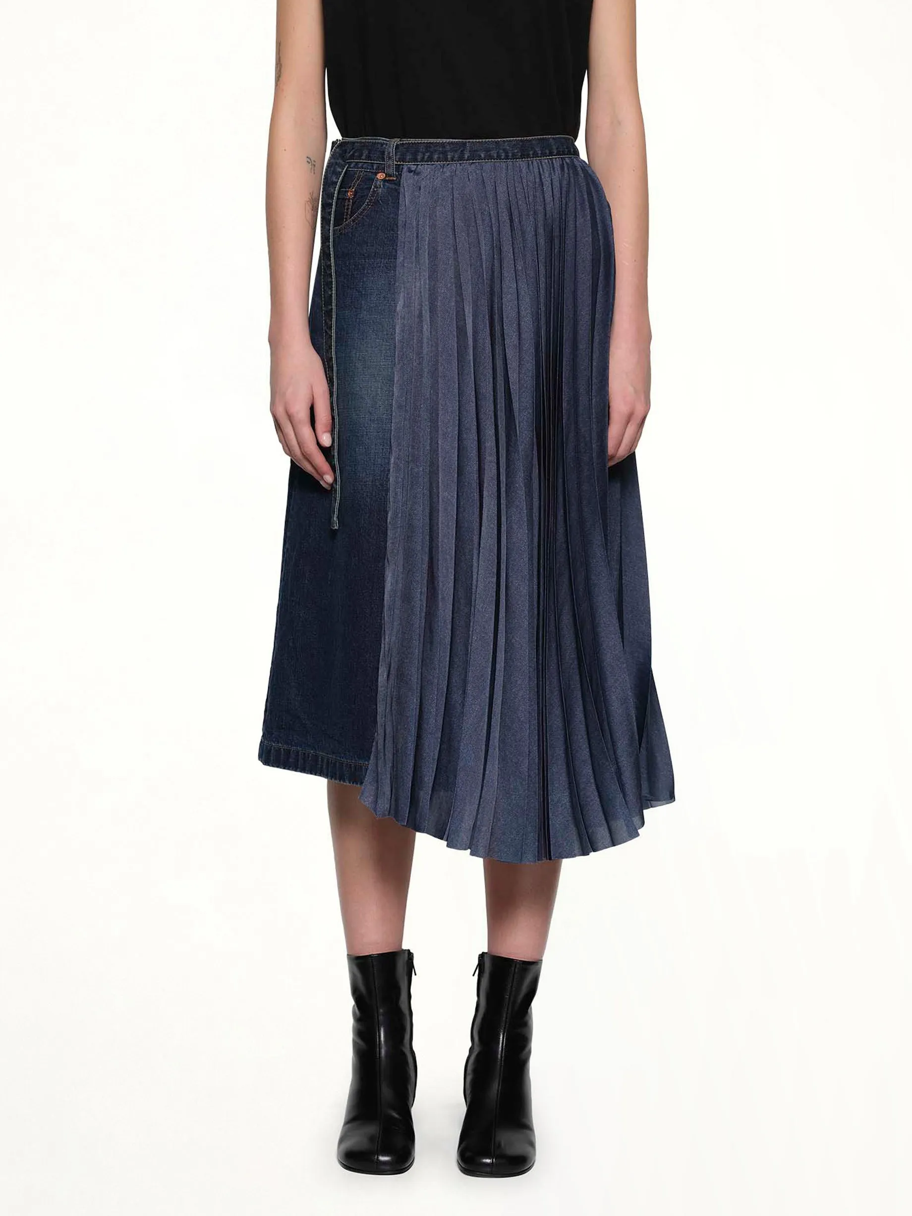 Half Pleated Denim Skirt in Blue sold by MARAIS