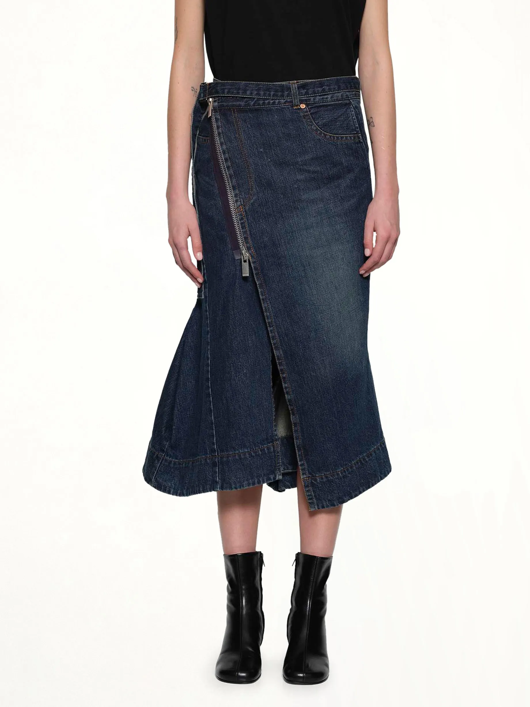 Side Zip Denim Skirt in Blue sold by MARAIS
