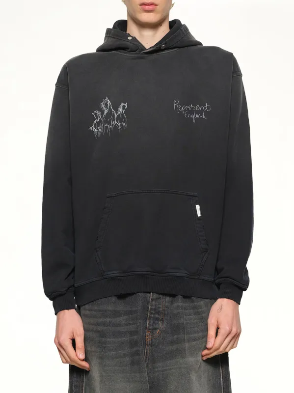Hand Drawn Thoroughbred Horse Hoodie in Aged Black sold by MARAIS