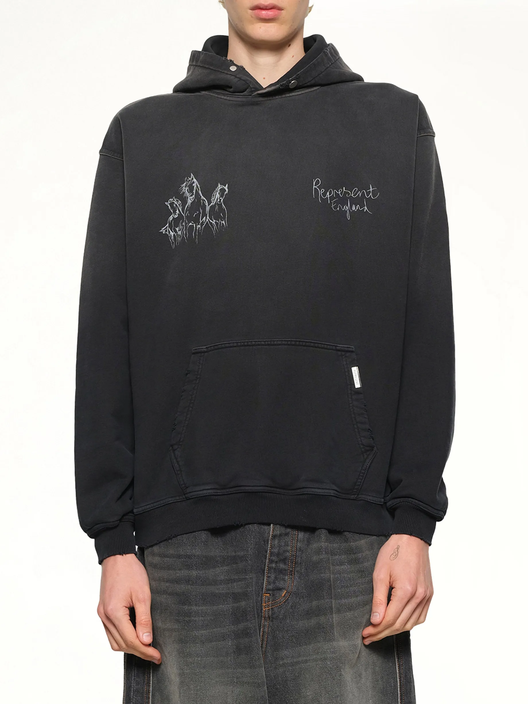 Hand Drawn Thoroughbred Horse Hoodie in Aged Black sold by MARAIS