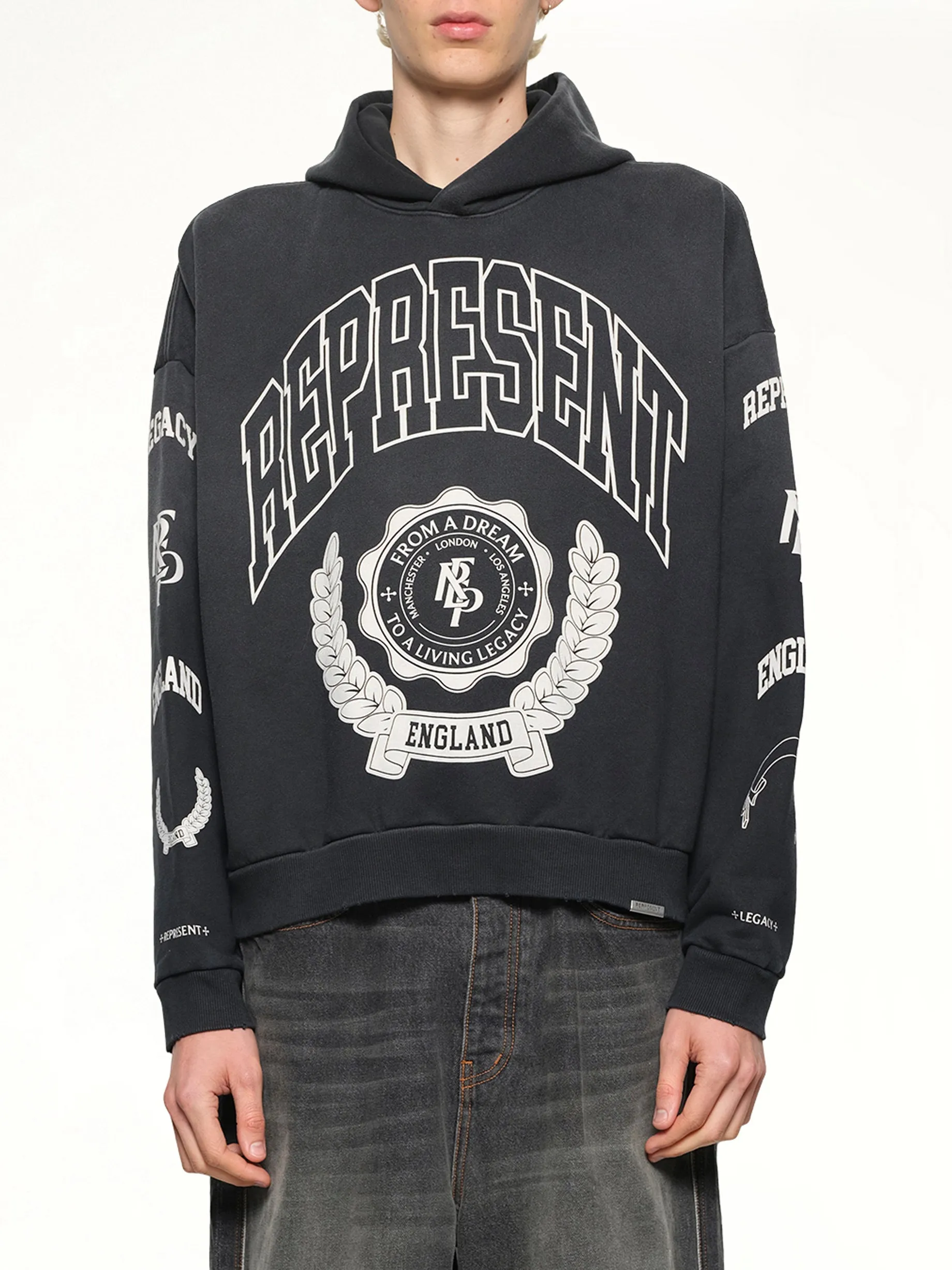 Represent Legacy Crest Hoodie in Stained Black sold by MARAIS