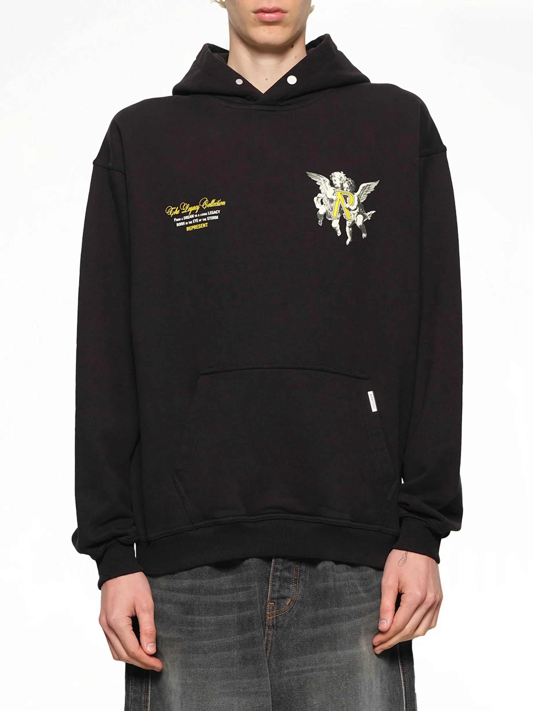 Represent Legacy Cherubs Hoodie in Jet Black sold by MARAIS