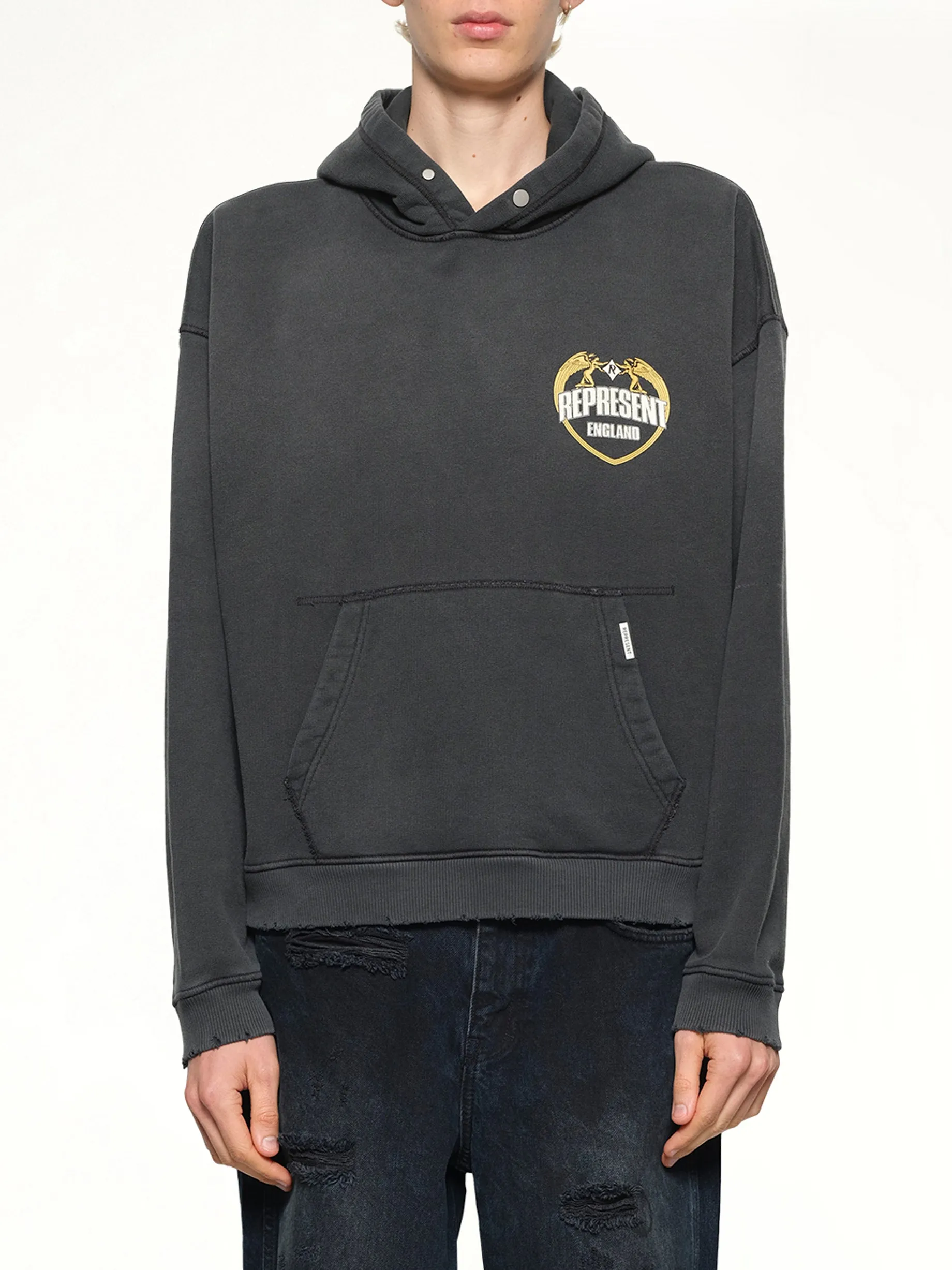 Represent Angel Border Hoodie in Stained Black sold by MARAIS