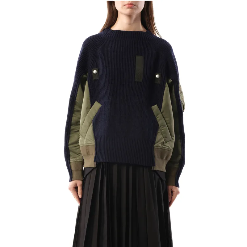 Wool Knit x Nylon Twill Pullover in Navy/Khaki sold by MARAIS