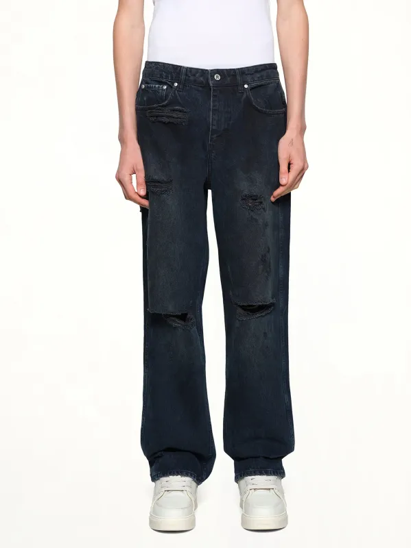 R3 Distressed Baggy Denim in Petrol sold by MARAIS