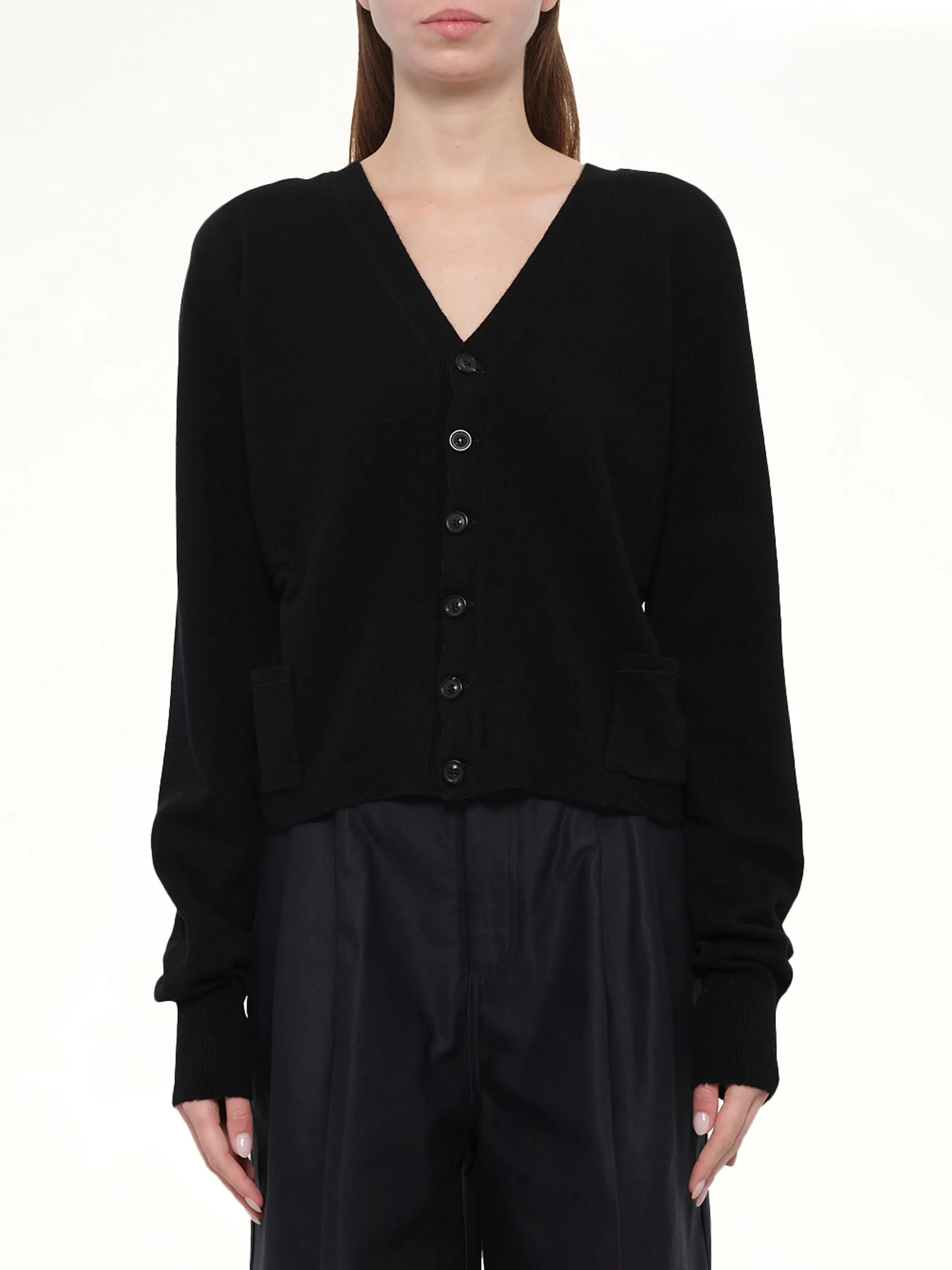 Gauge 14 Wool V-Neck Cardigan in Black sold by MARAIS