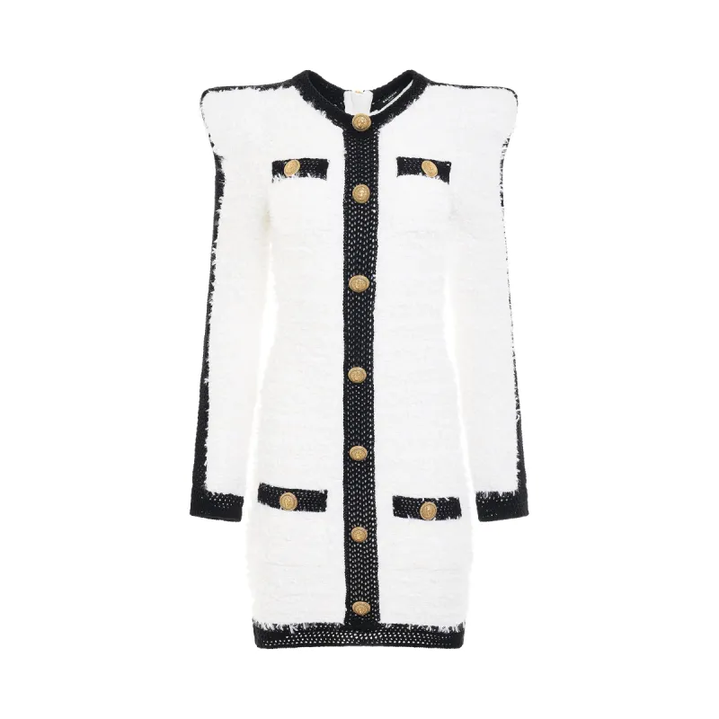 4 Pockets Buttoned Tweed Knit Short Dress in White sold by MARAIS