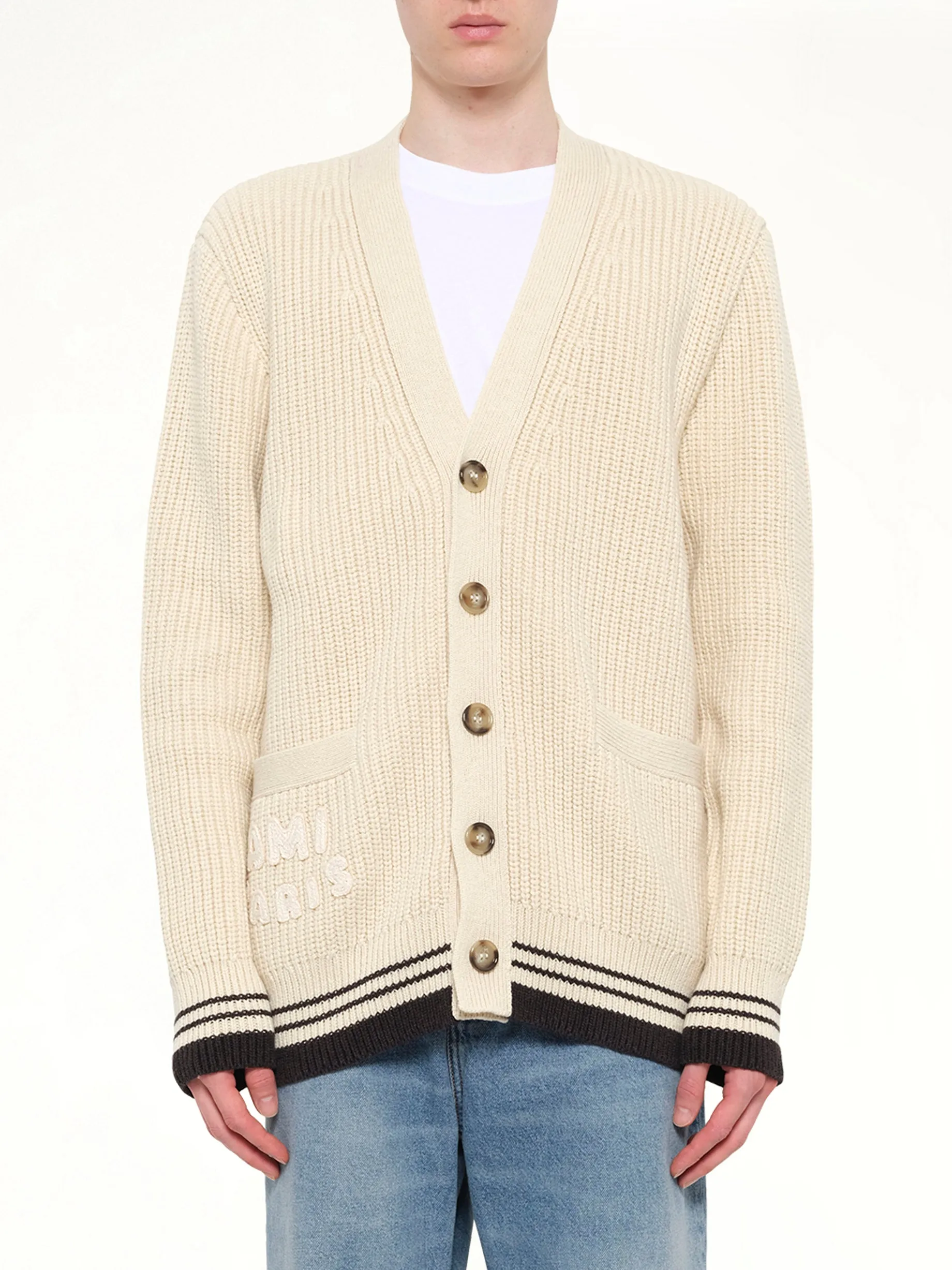 Cardigan with ADC and Ami Paris Patch in Off White sold by MARAIS