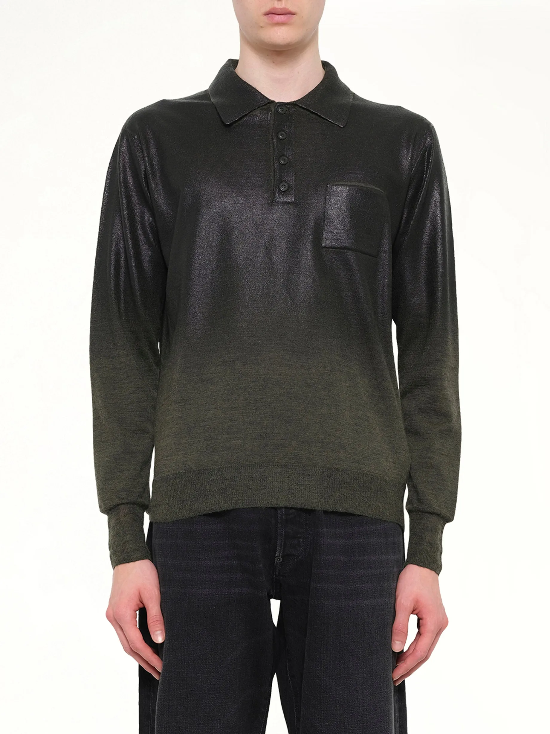 Coated Knit Polo in Green/Black sold by MARAIS