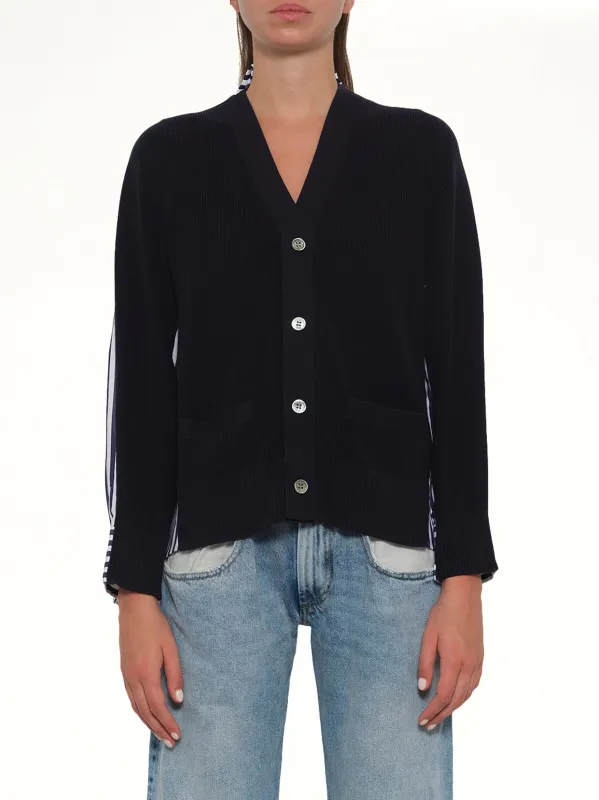Cotton Knit x Cotton Poplin Cardigan in Navy sold by MARAIS