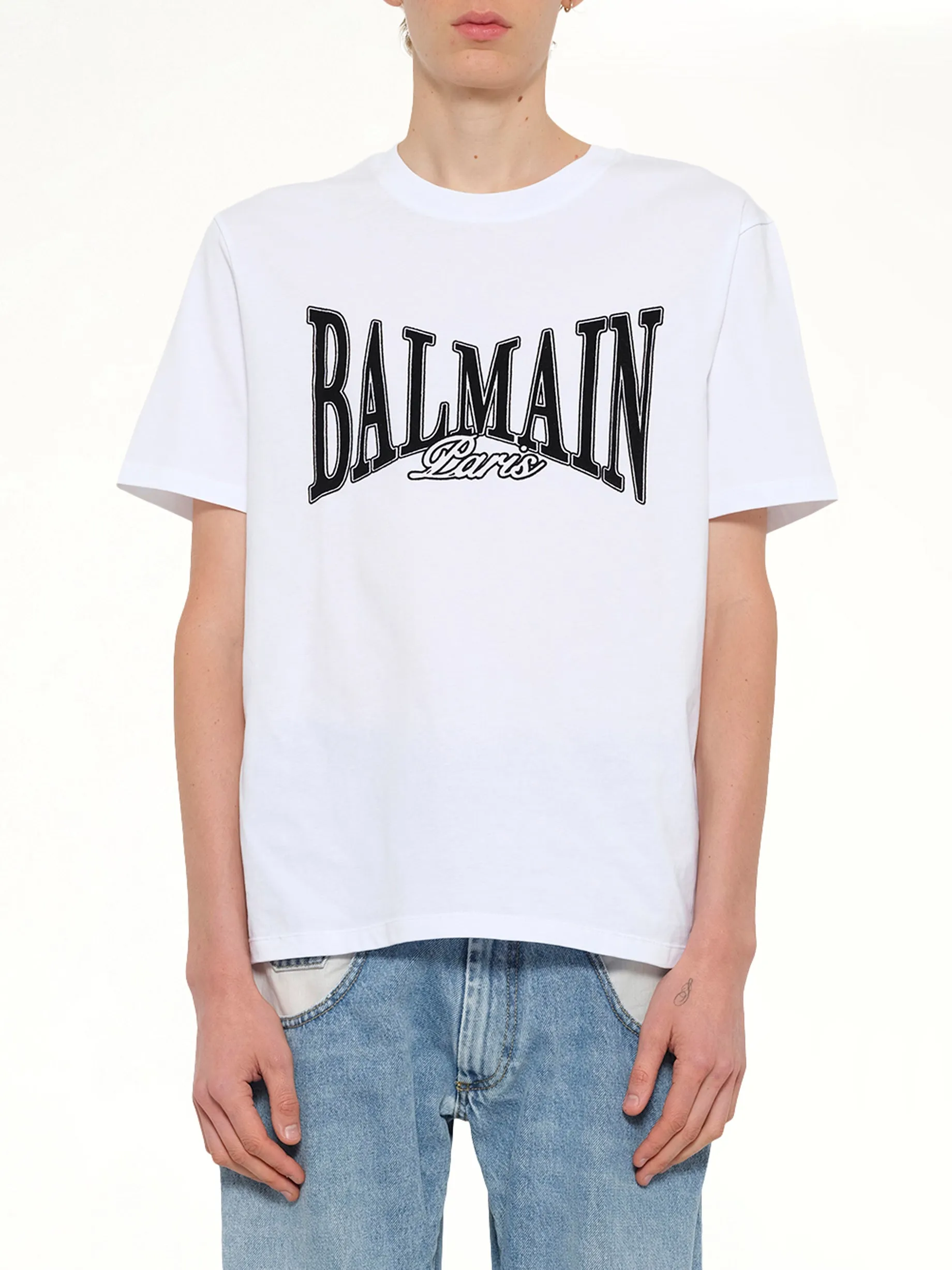 Balmain College Flock T-Shirt in White/Black sold by MARAIS
