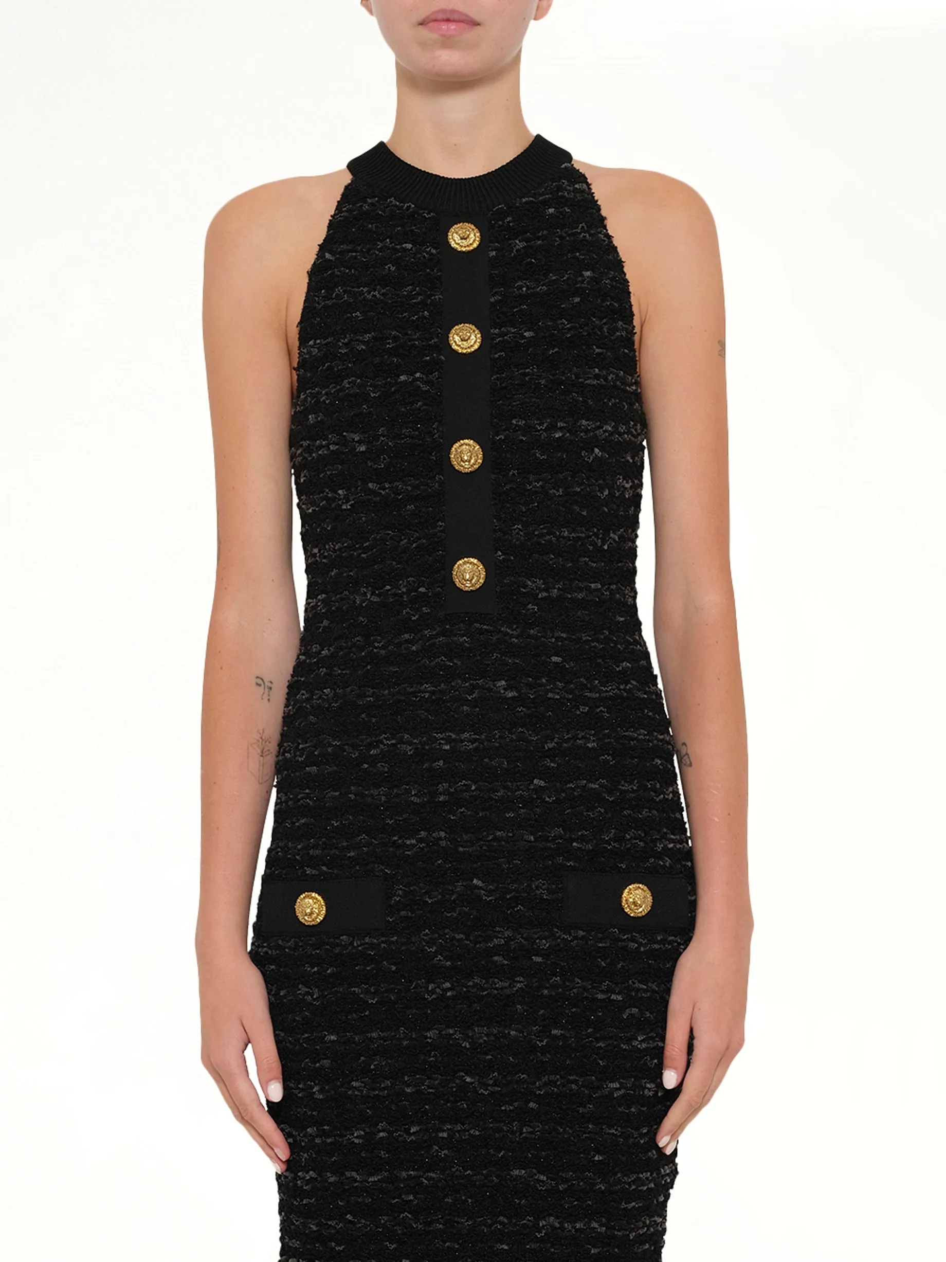 Halterneck Knit Tweed Dress in Black sold by MARAIS
