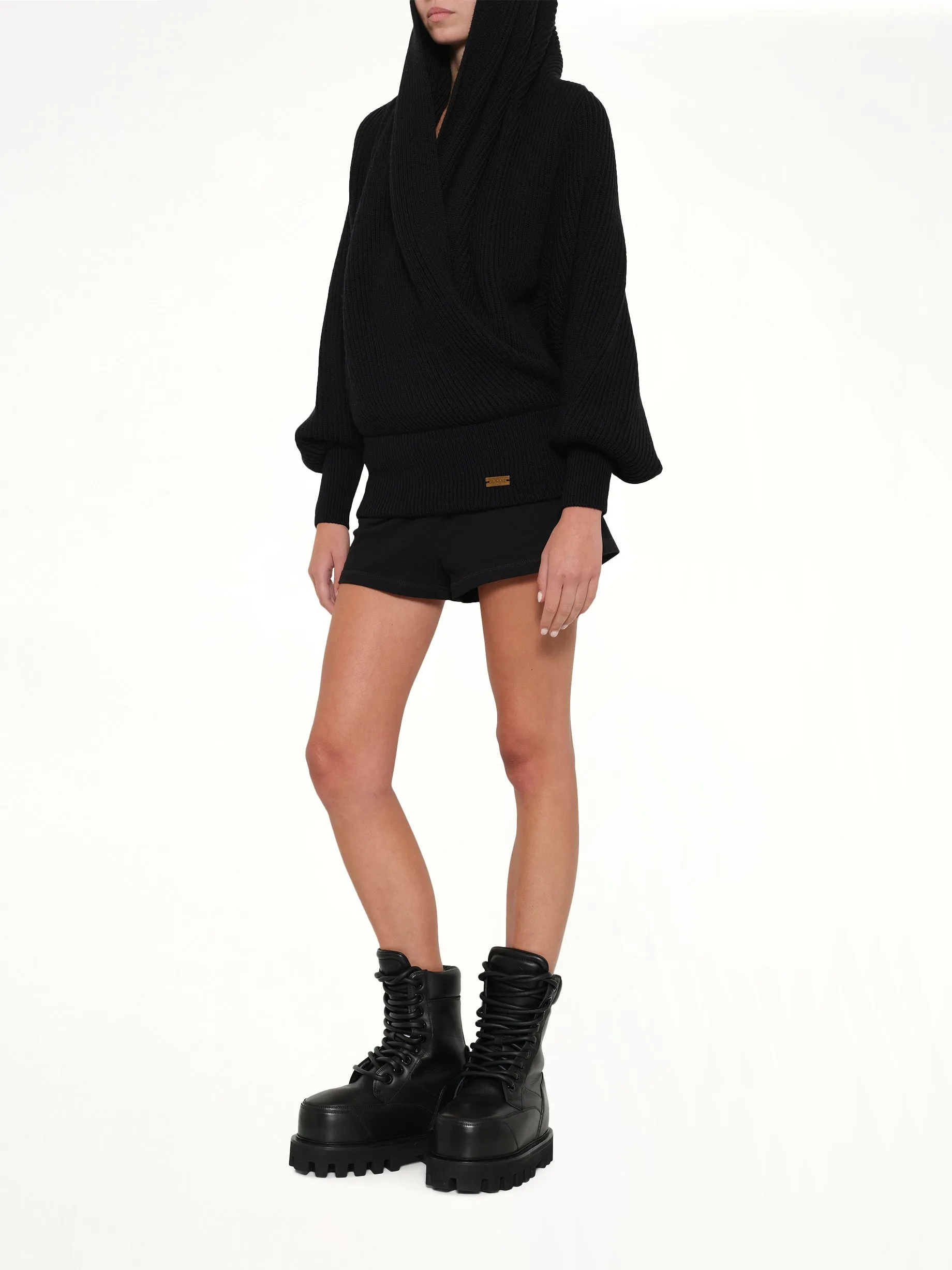 Batwing Hooded Rib Knit Pullover in Black sold by MARAIS product image thumbnail 4